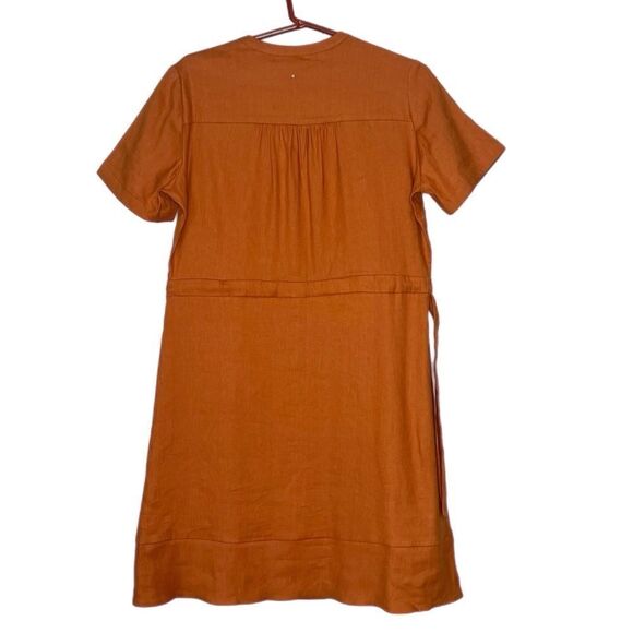 Cuyana Burnt Orange Linen Blend Short Sleeve V-Neck Shirt Dress - Picture 4 of 8